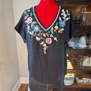 Kyla Seo 100% Linen Embroidered Black Floral Boho Tunic Top Size M